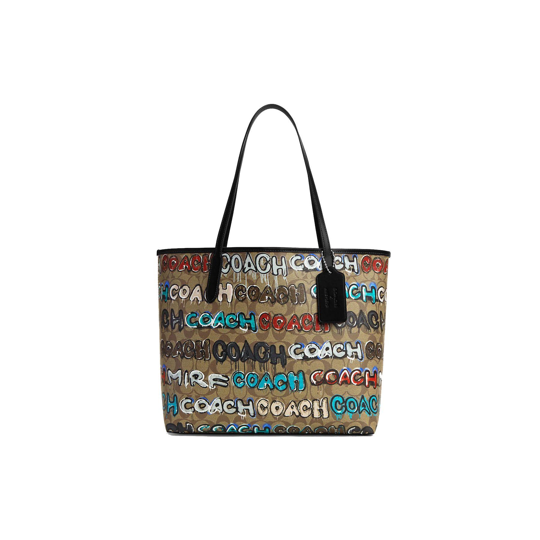 Coach Brown Signature Canvas Large Tote Bag with Graffiti Logo Print for Daily Use Basic Set (Bag+Dust Bag)