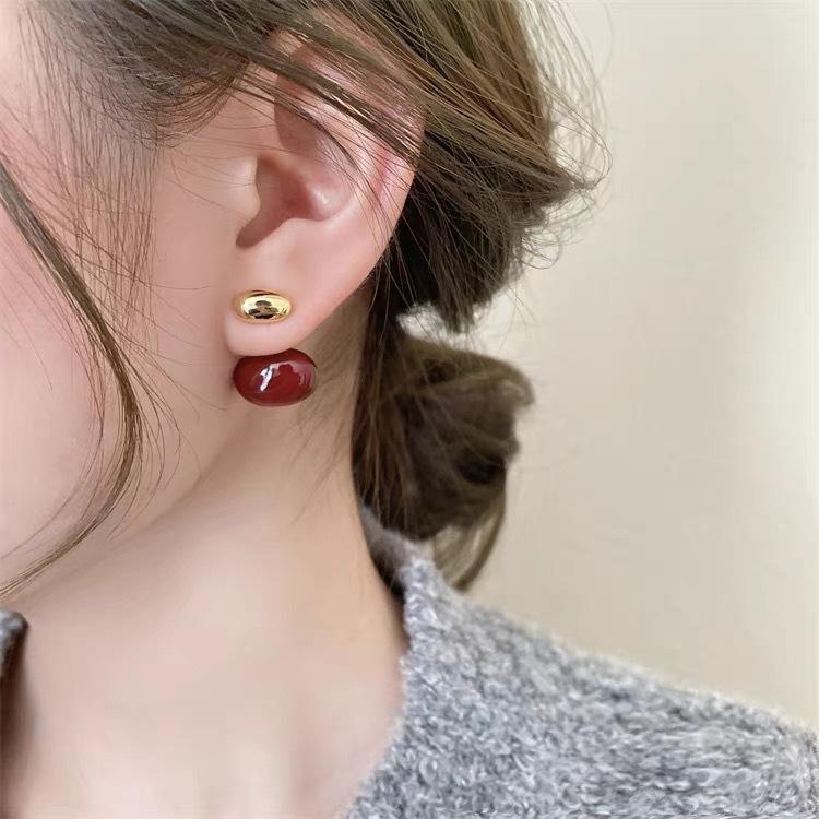 Retro Red Bean Two-Way Earrings: Elegant & Versatile Fashion Ear Studs