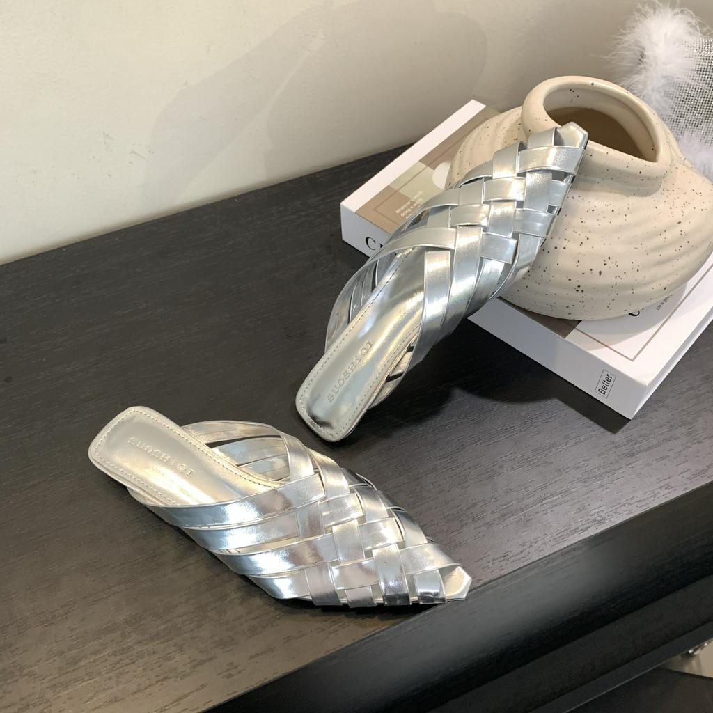 Fashion Bailamos Summer Women Slipper Fashion Weave Pointed Toe Slip On Ladies Mules Shoes Flat Heel Sandal Shoes Dress Slides Mujer