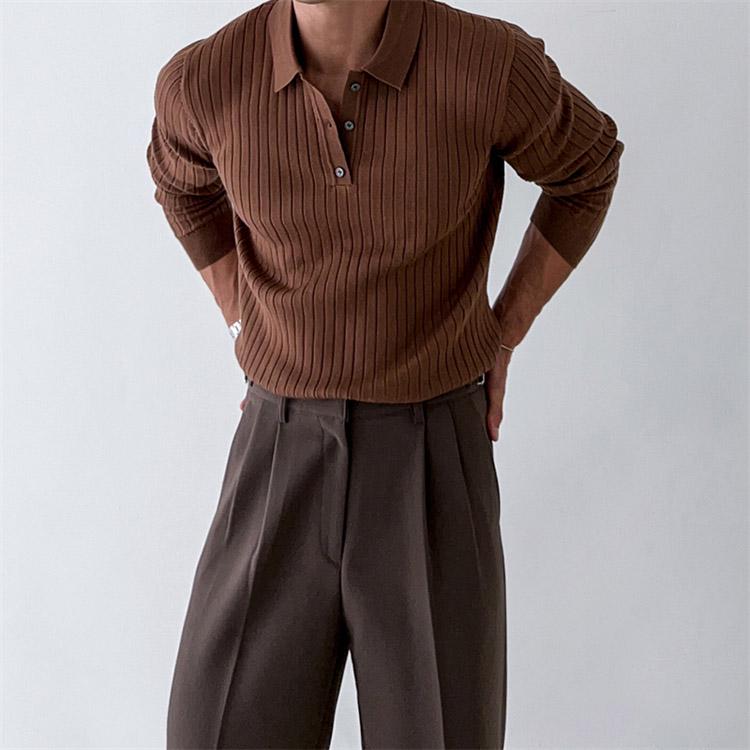 Men's Korean Style Polo Knit Sweater - Solid Color, Long Sleeve, Mature Autumn/Winter Top