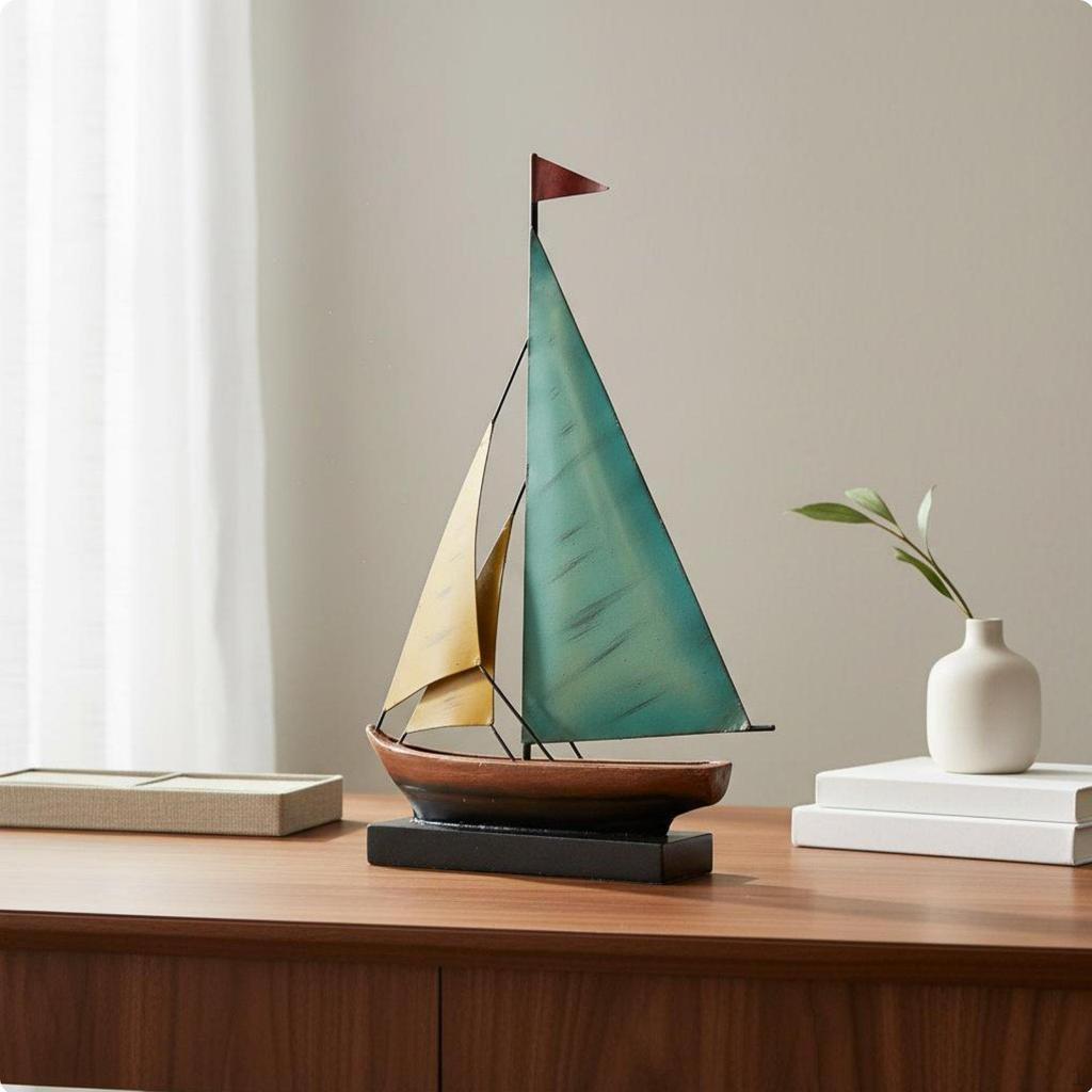 Modellino Barca a Vela in Metallo Statua in Ferro Lusso Leggero Stile Retrò Decorativo