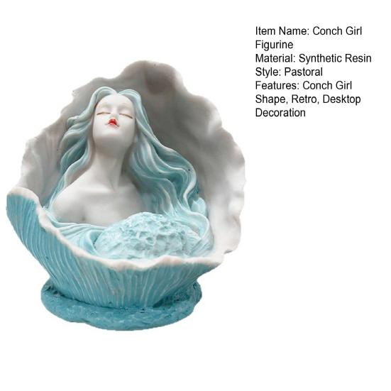 Conch Girl Figurine Sea Snail Women Resin Statue Sculpture Indoor Home Office Desktop Bookshelf Decoration Ornament