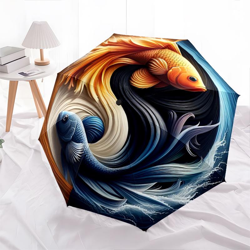 1 Stück Yin Yang Karpfen Design Automatisches Öffnen und Schließen Faltbar - Eine Gute Wahl für Geschenke, Modischer und Praktischer Regenschirm Mit Niedlichem Wagen