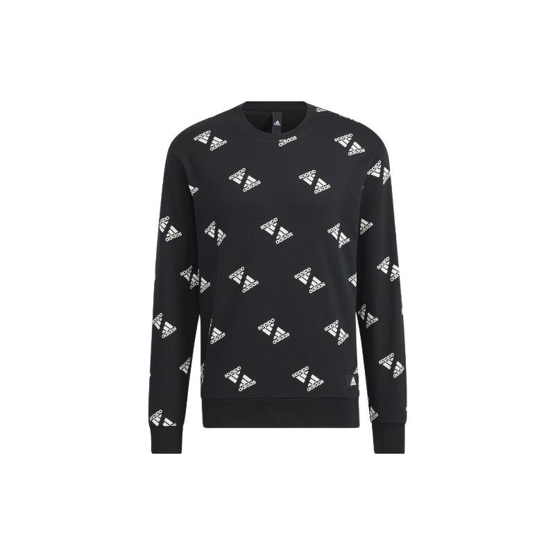 adidas Men's Black All-Over Print Logo Crew Neck Sweatshirt HE7447