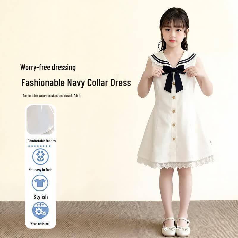 Frog Prince Girls  Summer Sleeveless Navy Collar Dress 170