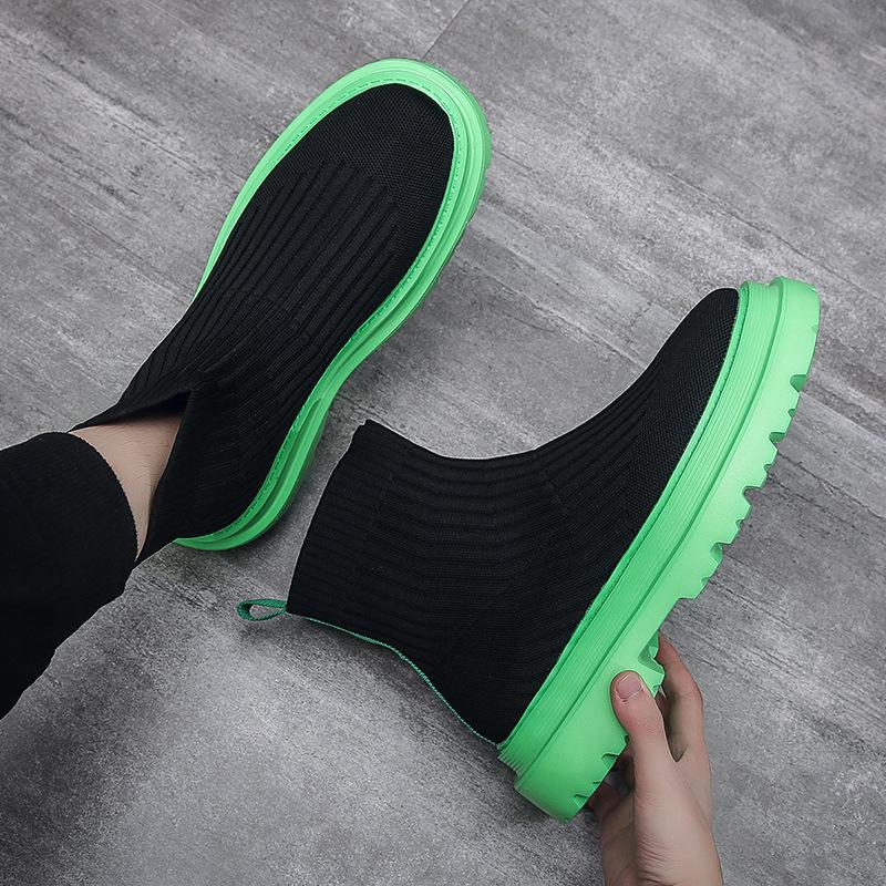 Fashion fried street men's breathable black knitted short boots fluorescent green thick-soled soft-soled personalized eye-catching trendy men's shoes