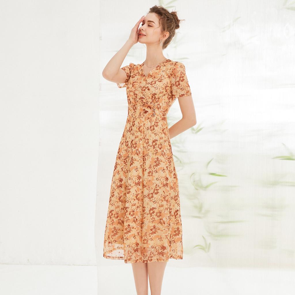 Gentle and Fashionable Printed V-neck Short Sleeved Dress for Women In Summer, Age Reducing and Slimming A-line Skirt