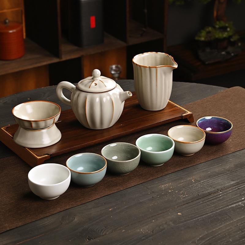 Five famous kiln tea set gift box ceramic kung fu souvenir business gift tea set high-end light luxury