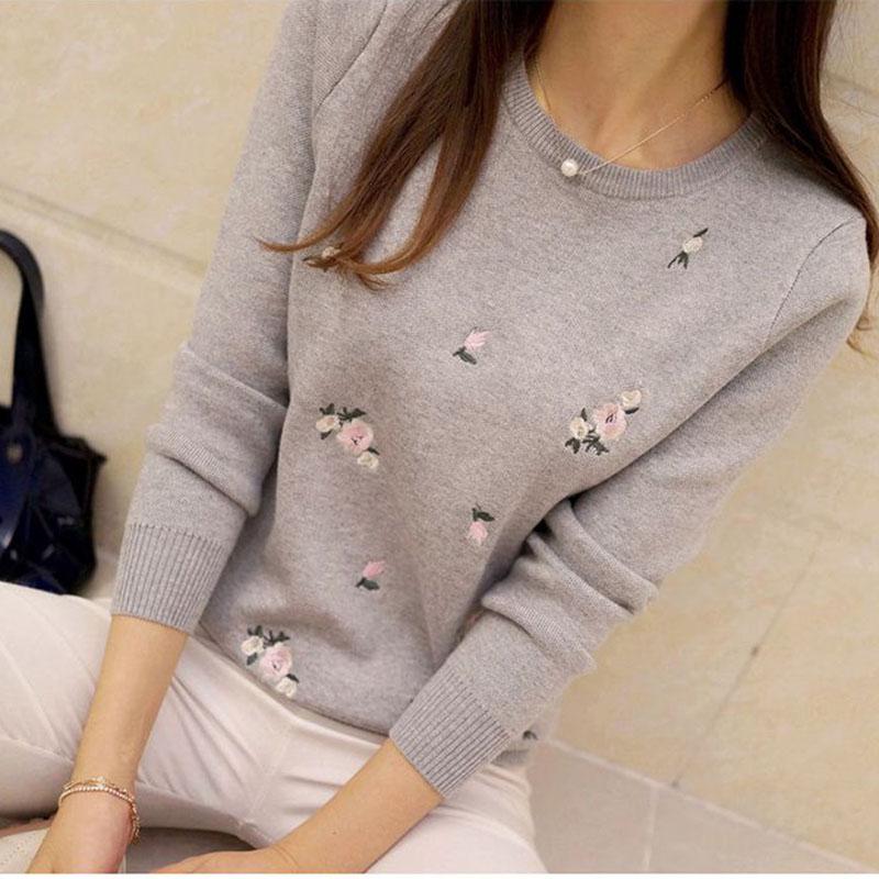 

Женский вязаный свитер с цветочной вышивкой, женский зимний пуловер, топ One Size светло-серый