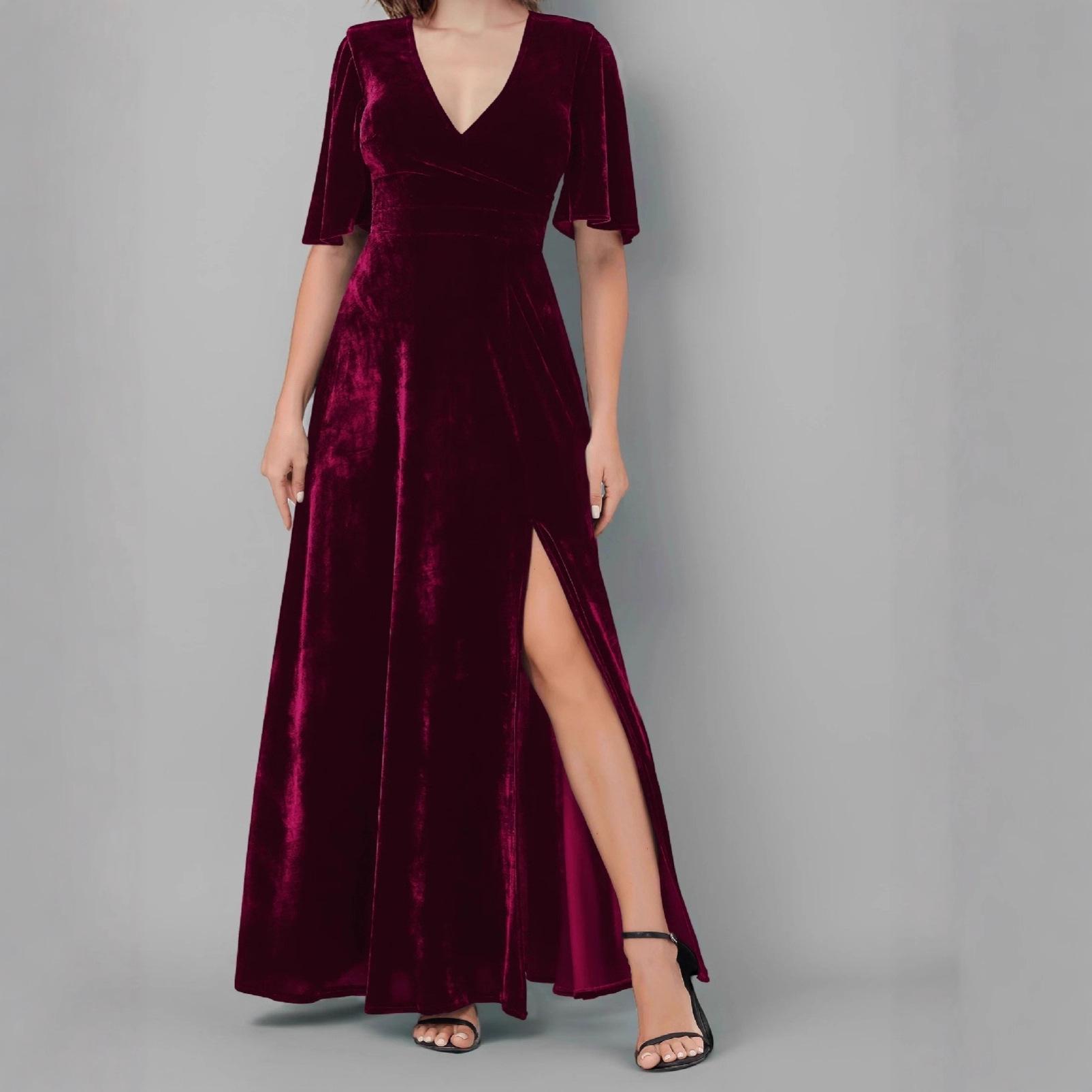 

New 2026 V-neck Fashion Solid Color Formal Split Dress S красный