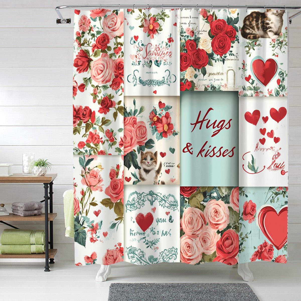 

1 Valentine S Day Rose Scented Shower Curtain With Hooks,Romantic Bathroom Decor With Hugs And Kisses Pattern, Hearts And Cats W60H190(CM)-1 Pcs