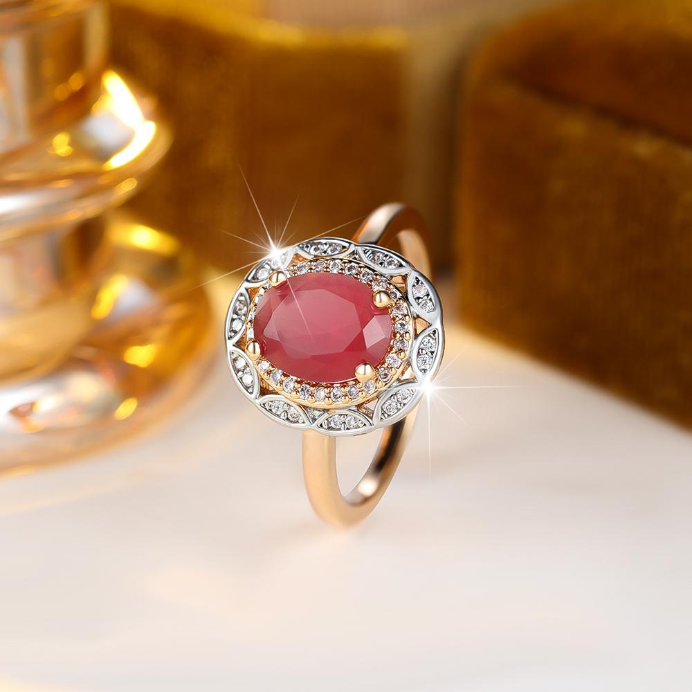 Delicate Oval Rose Red Zircon Rings for Women Vintage Luxury Gold Color Wedding Party Jewelry Gift