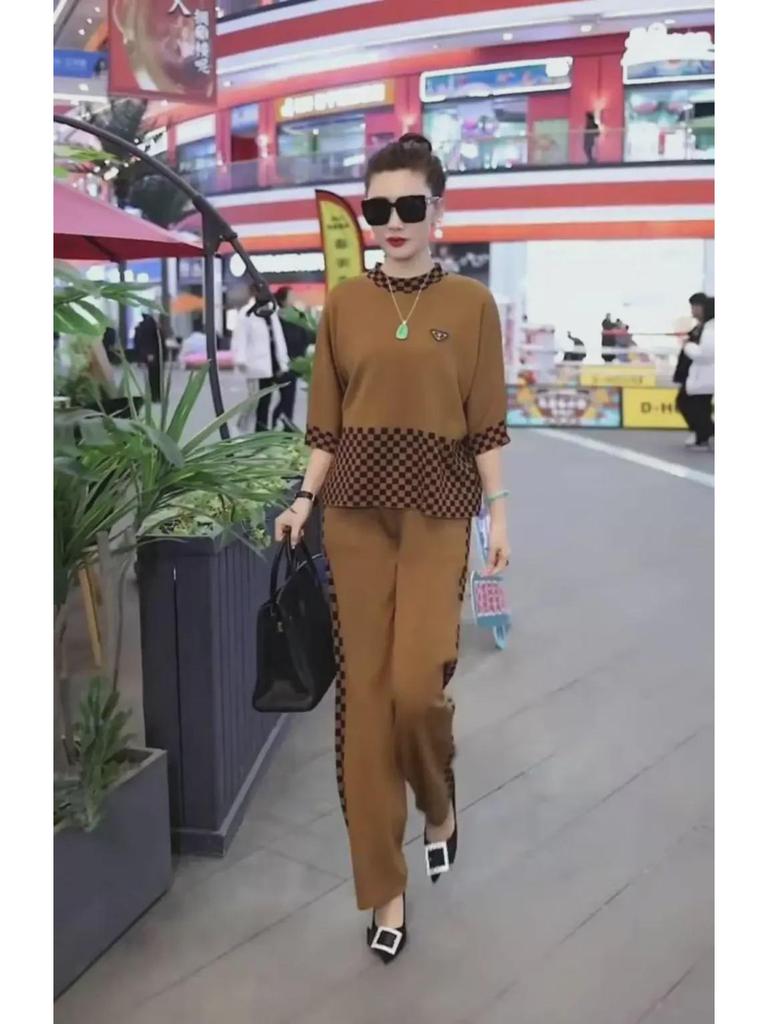 2025 Spring/Summer European Women's Spliced Plaid Sweatshirt & Wide-Leg Pants Set