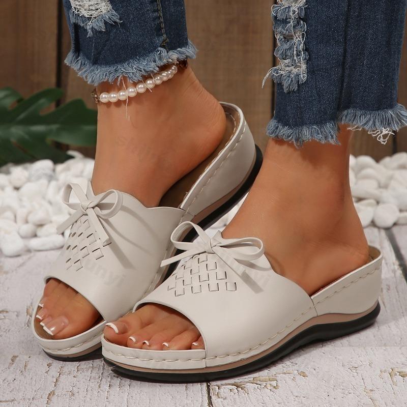 Fashion 2025 New Summer Women Slope Heel Fish Mouth Slippers Fashion Casual Large Coarse Heel Bow Design Comfortable Lightweight Sandals