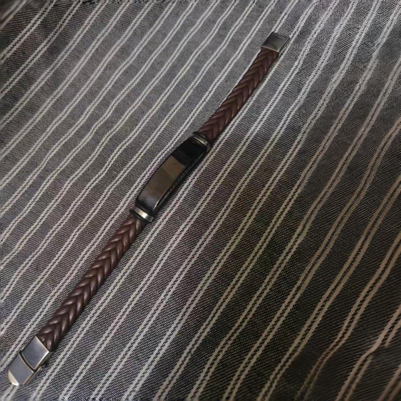 Titanium Steel Engraved Bangle with European-American Leather and Stainless Steel Woven Design