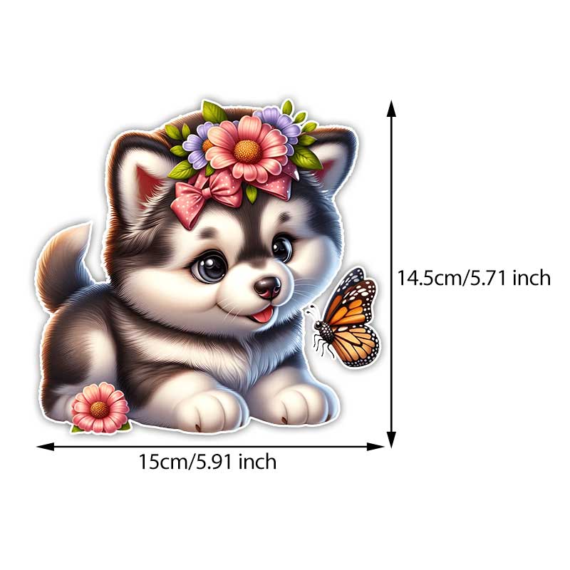 

Flower Puppy Car Sticker Vinyl Decal Waterproof Rear Window Motorcycle Camper Bumper Truck Laptop Decoration TM355 A-15cm Longest Side