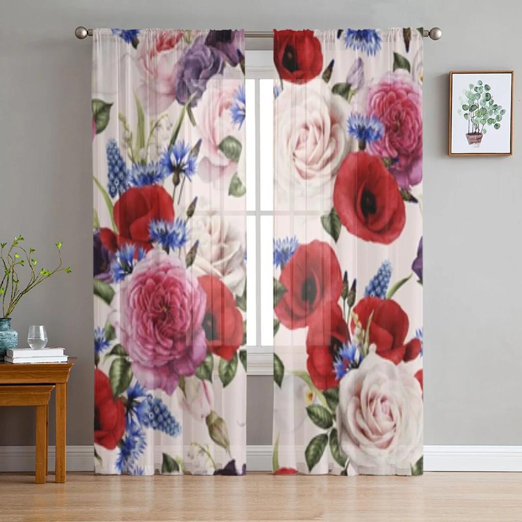 Floral Watercolor Wildflowers In Vintage Style Tulle Curtains for Living Room Bedroom Chiffon Sheer Voile Kitchen Curtain