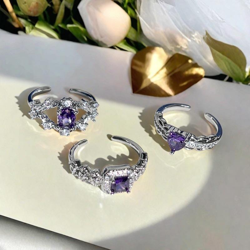 Lila Diamant Lila Romantischer Zirkon Geometrischer Öffnungsring Süße Coole Babes Y2K Nischen Design Leichter Luxus Farbiger Schatzring