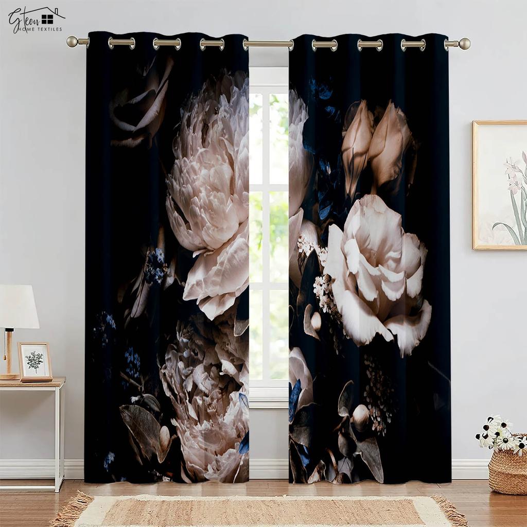 Beautiful Flower 3D Printed Drapes Chinese Style Ink Peony Rose Bed Room Family Room Study Rod Pocket Design Decorative Curtains