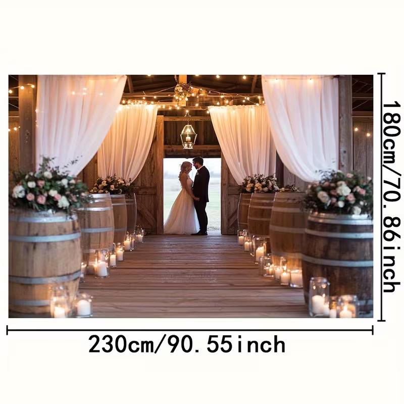 

2D Rustic Farmhouse Wedding Aisle Backdrop, Wooden Barrel & Floral Decor Party Background 47.2x31.5inch/120*80cm