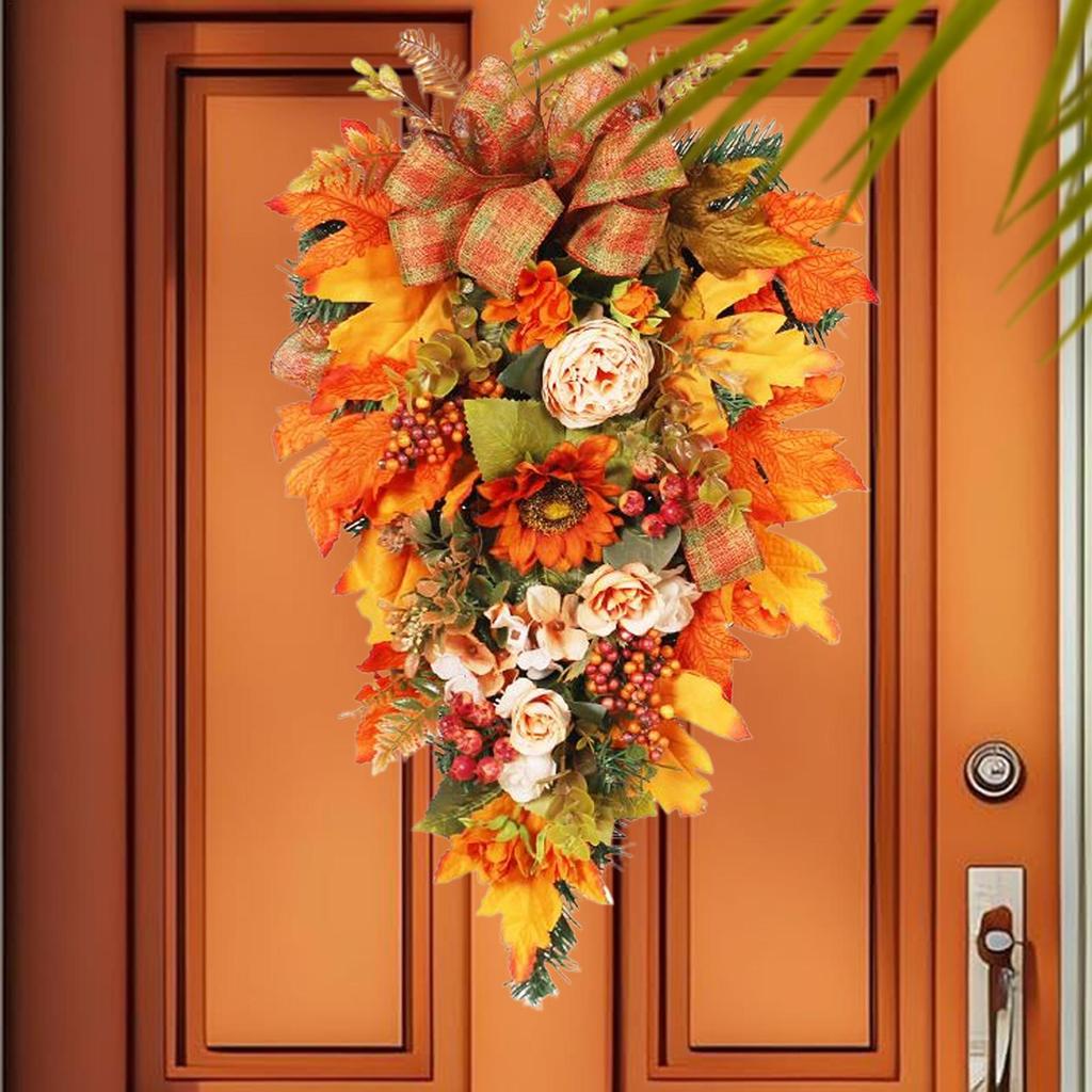 Fall Teardrop Swag Realistic Flower Maple Berry Garland Outdoor Porch Wreath For Holiday Decorators Office Apartment Coffee Shop