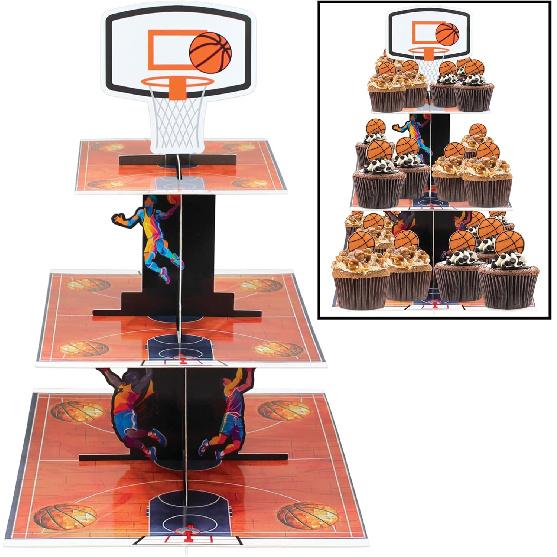 3-Tier Basketball Court Cupcake Stand with Hoop Topper, for Basketball Party Display, Cupcate Holder for March Madness Party, College Basketball