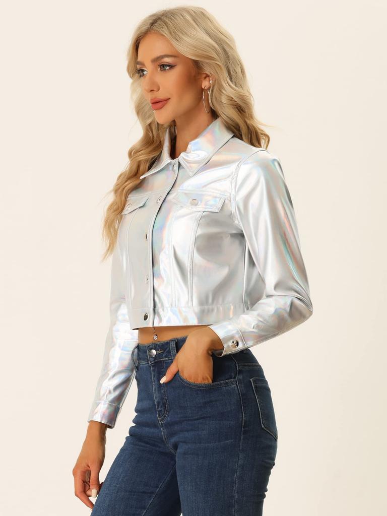 Allegra K Women's Silver Biker Jacket, Long Sleeve, Holographic Shiny Metallic, Button-Down, with Collar, Size M