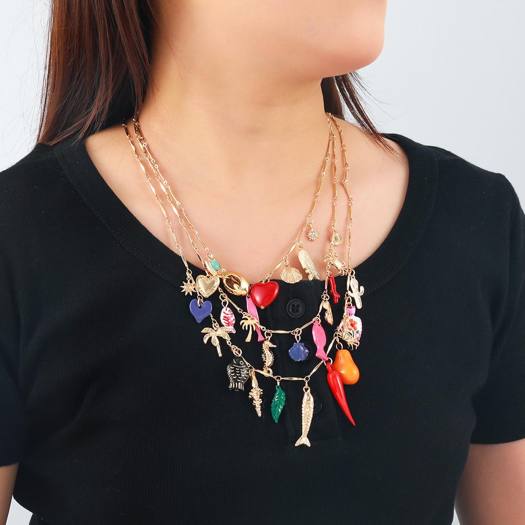 ZAA Personality Irregular Metal Multilayer Heart Chili Fish Pendant Necklaces for Women Vintage Statement Zircon Gifts