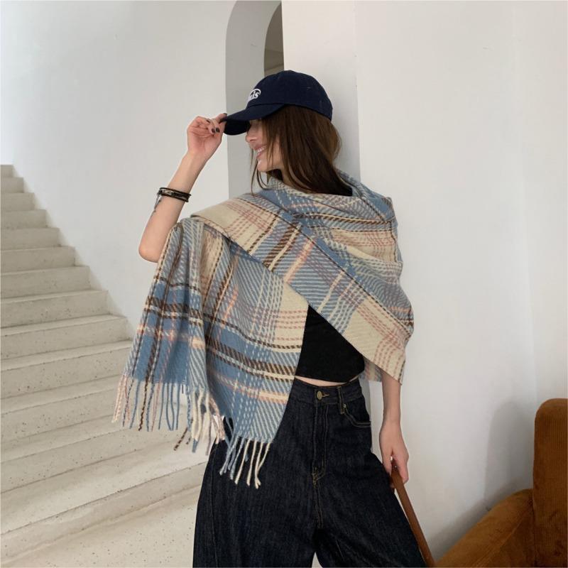 

Plaid imitation cashmere scarf women s winter new versatile student shawl thickened warm couple scarf 190cm синий