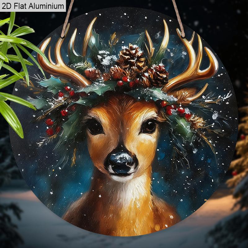 2D Flat Aluminium Christmas Sign with Elk Pattern - Navidad Figurine Ornaments - Ideal for Front Door, Wall, Porch, Fence Decor - Ideal Christmas