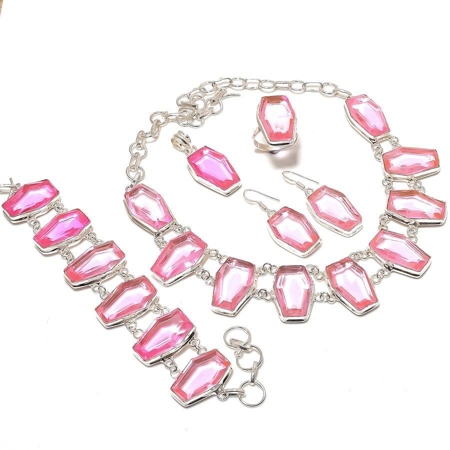 

Натуральный розовый кунцит, драгоценный камень, ручная работа, набор ювелирных изделий из стерлингового серебра 925 пробы n5O11