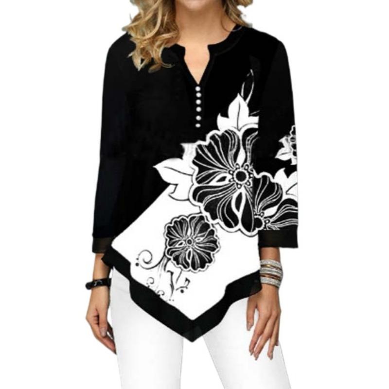 Women Top Summer Autumn 3D Digital Printing V Neck Irregular Loose T-shirts & Long-sleeve Tops