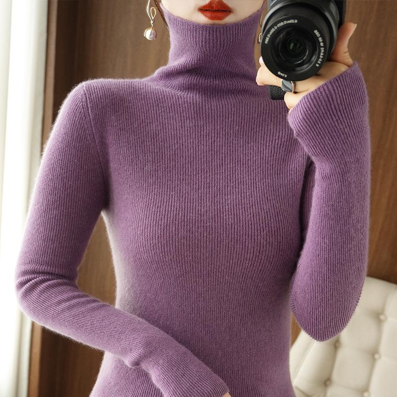 Dámský podzimní zimní pletený svetr s hřejivým límcem rolák slim střih přiléhavá základní vrstva v barvě bonbónu spodní prádlo pletené zboží