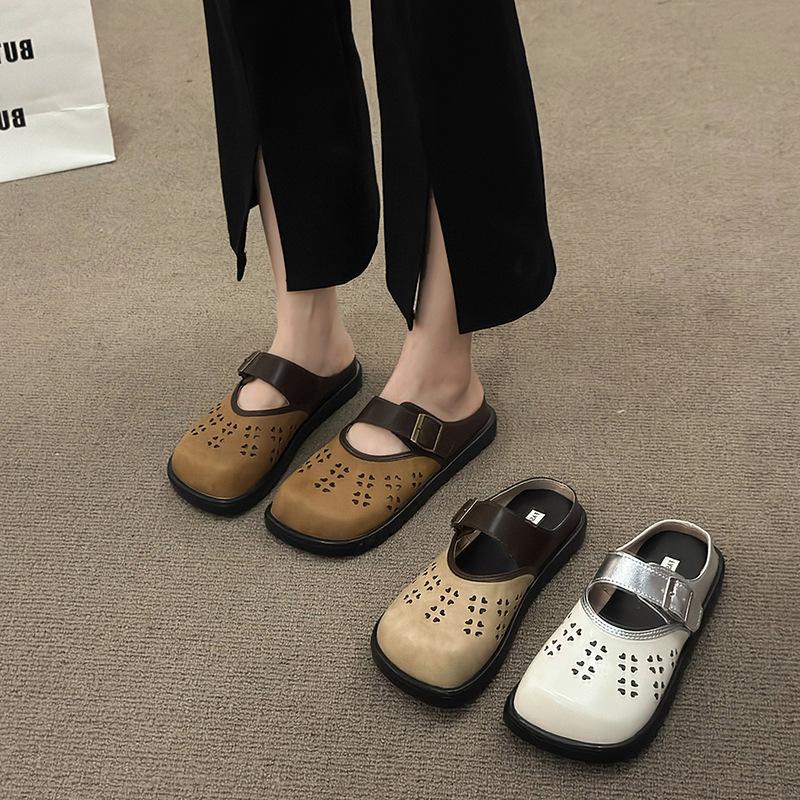 2024 summer new outer wear bag head slippers women's retro versatile Muller shoes square head one pedal half drag hole shoes