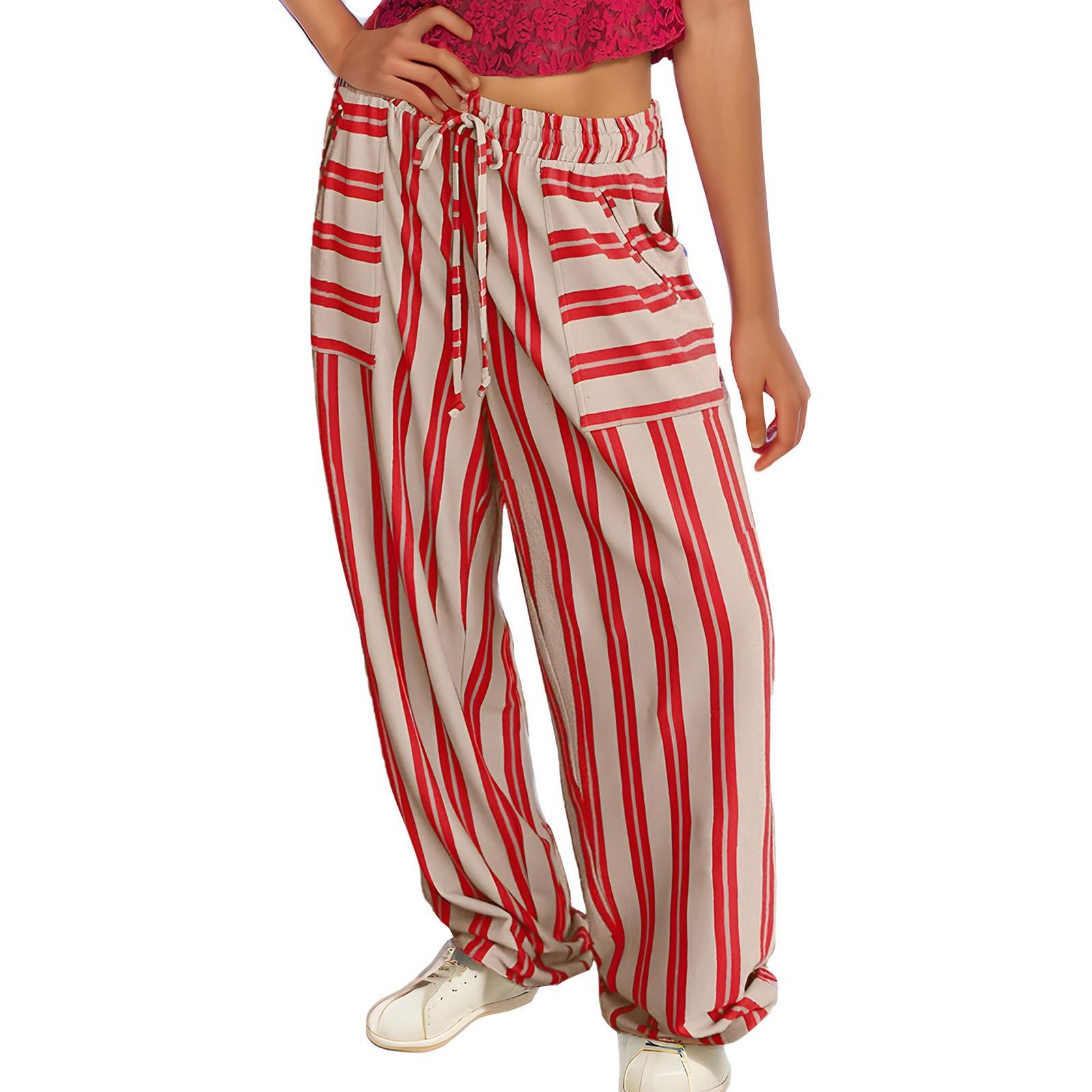 

Женские широкие брюки в полоску, свободные брюки с завязками, удобные полосатые брюки с высокой талией и карманами XXL красный