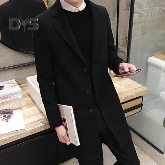 Men Fall Winter Coat Solid Color Lapel Mid Length Long Sleeve Cardigan Single Breasted Anti Wrinkle Business Formal Style Coat