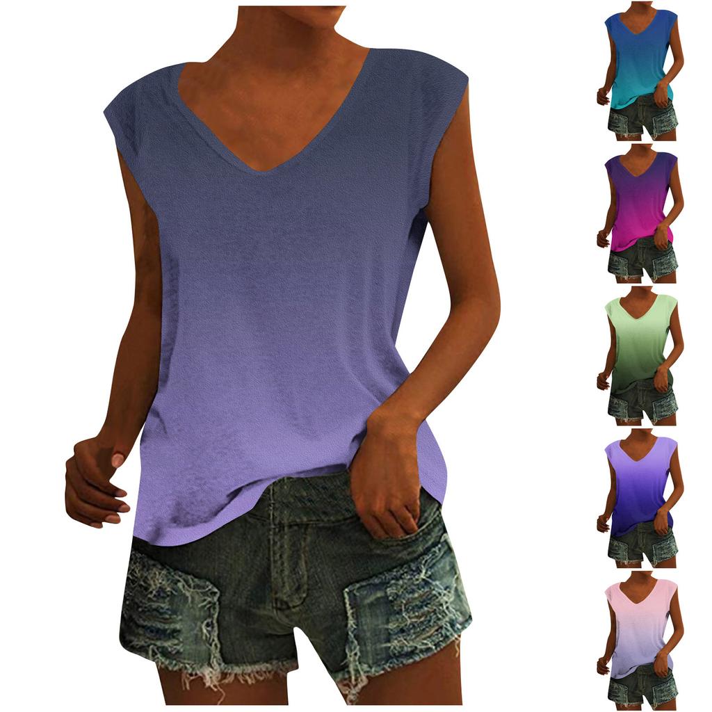 Women Fashion Casual Tops Printed Sleeveless Shirts V Neck Pullover T Shirts