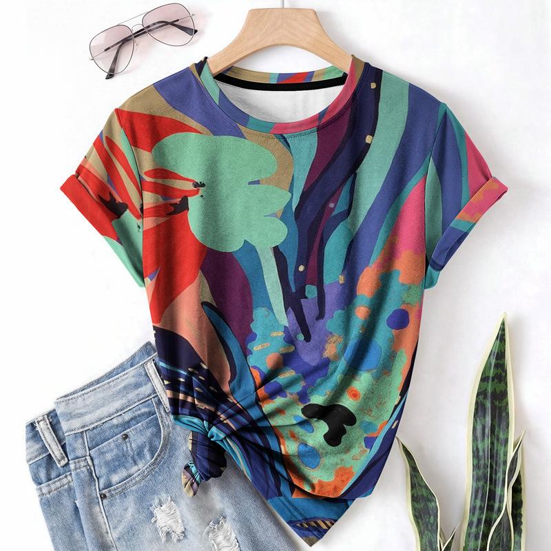 T-shirt da donna estiva a girocollo a maniche corte con motivo astratto stampato in 3D, artistica, leggera, casual e alla moda