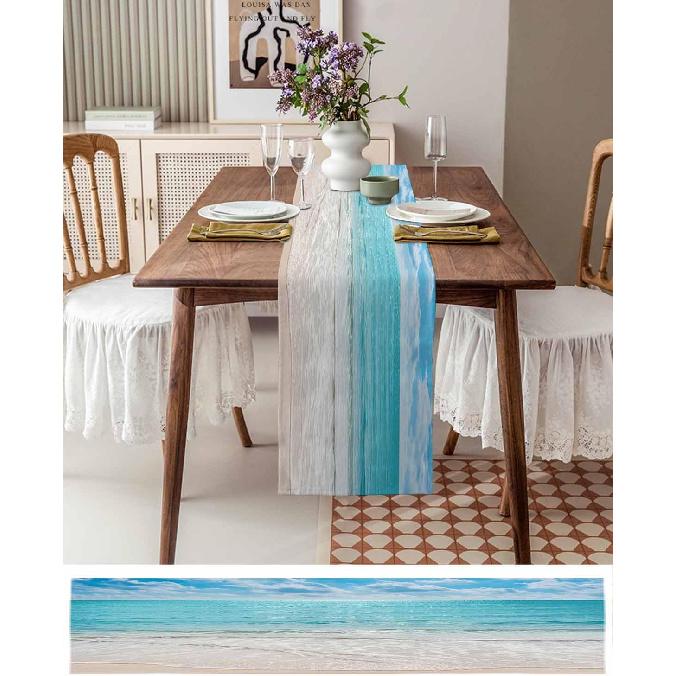 Summer Table Runners 70 Inches Long Tropical Ocean Beach Sea Water Table Runner for Family Dinner/Wedding/Outdoor Indoor Party, Cotton-Polyester
