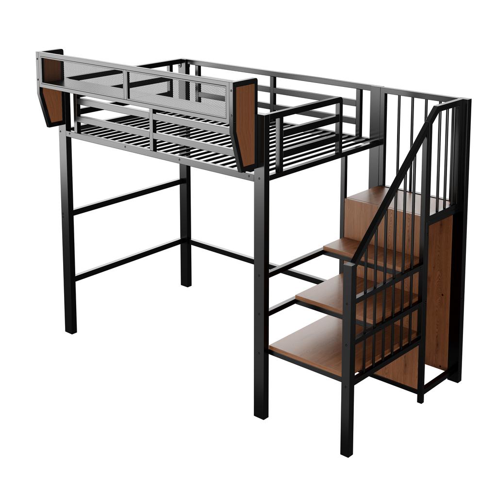 Letto Alto 90x200 con Striscia LED, Scala di Sicurezza e Spazio di Archiviazione Flessibile Letto in Metallo Letto per Adulti Letto a Castello per Bambini Nero