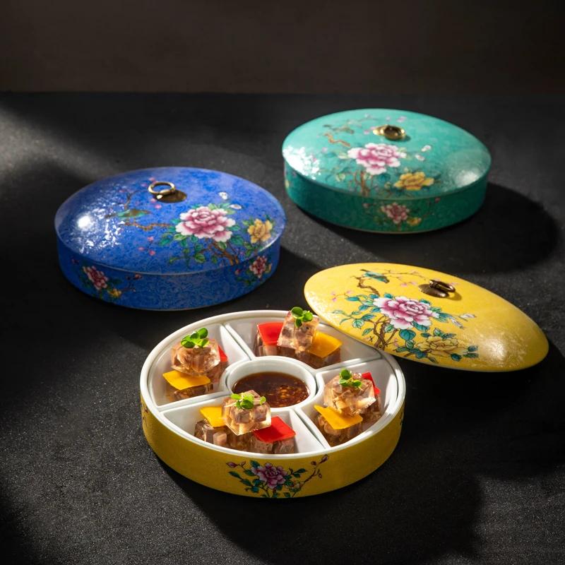 Cold Dish with Ceramic Artistic Conception Special Five Grid Cold Dish Creative Art Tableware Enamel Color Round Cover Bowl