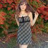 Party Style European and American Foreign Trade Women clothes off-Neck Tie Lining Ribbon Sexy Gyaru Plaid Sling Dress Fashion