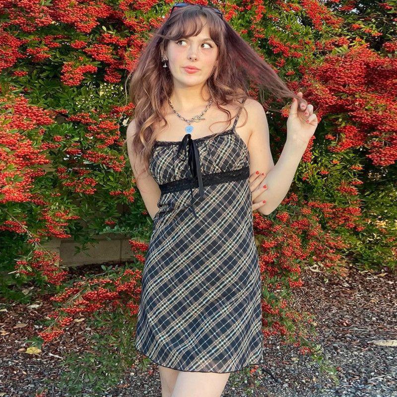 Party Style European and American Foreign Trade Women clothes off-Neck Tie Lining Ribbon Sexy Gyaru Plaid Sling Dress Fashion