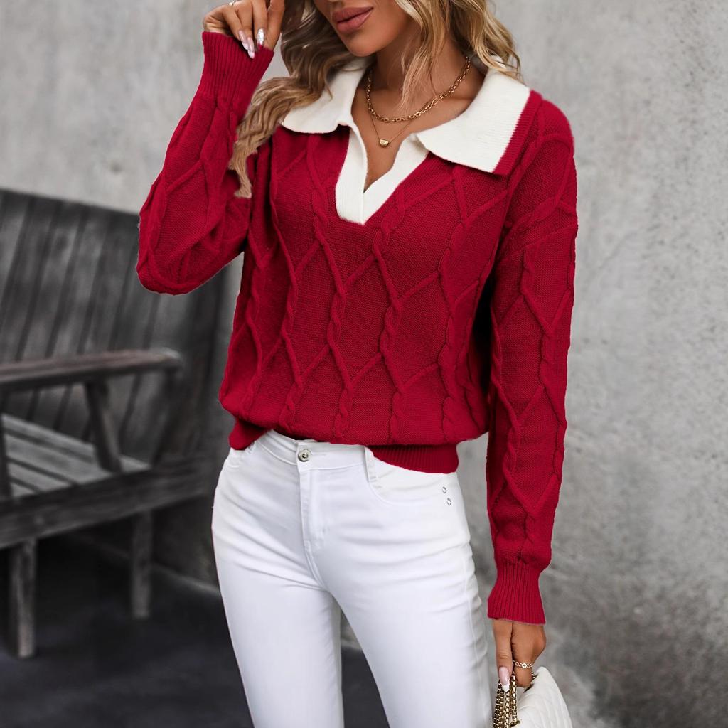 Cross-Border Autumn/Winter Fashion Casual V-Neck Cable Knit Sweater for Women