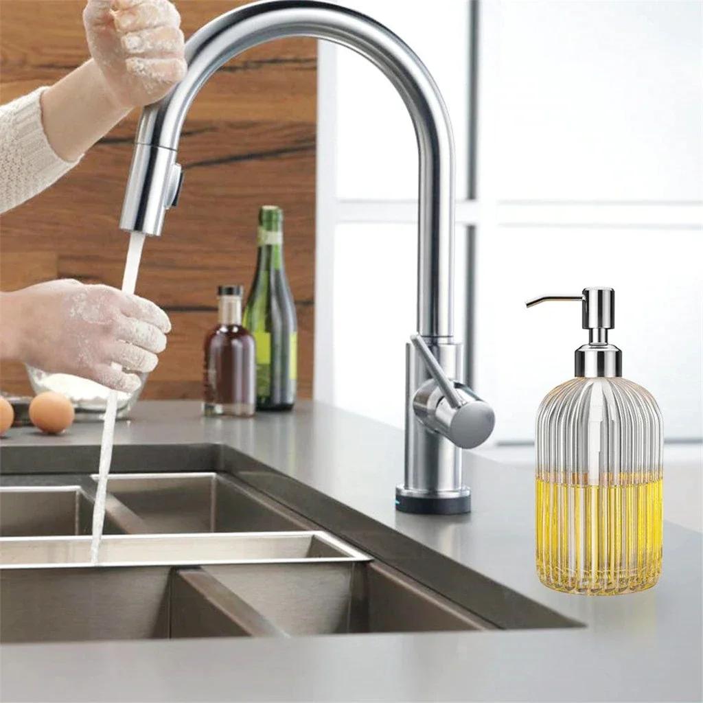 400 ml Vertikal gestreifte Handdesinfektionsmittelflasche Nachfüllbar Leere Glasflaschen für flüssiges Handdesinfektionsmittel, Shampoo, Duschgel mit Pumpe