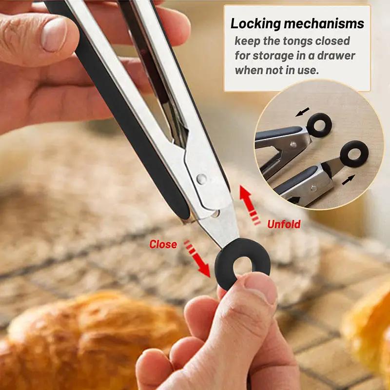 1 Pc Black Silicone Food Tongs, Stainless Steel Food Tongs Outdoor BBQ Clamps for Camping Kitchen Tongs for Baking Steak