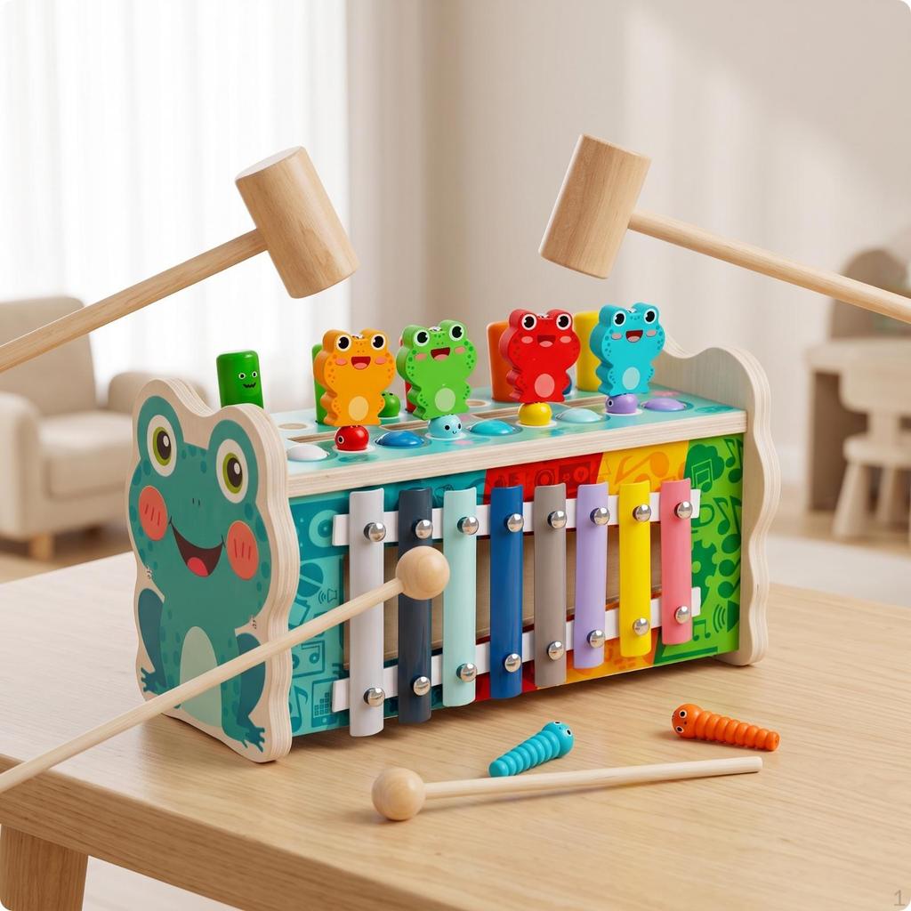 Pounding Bench with Xylophone Multifunctional Pound and Toy Musical Wooden Activity Box for