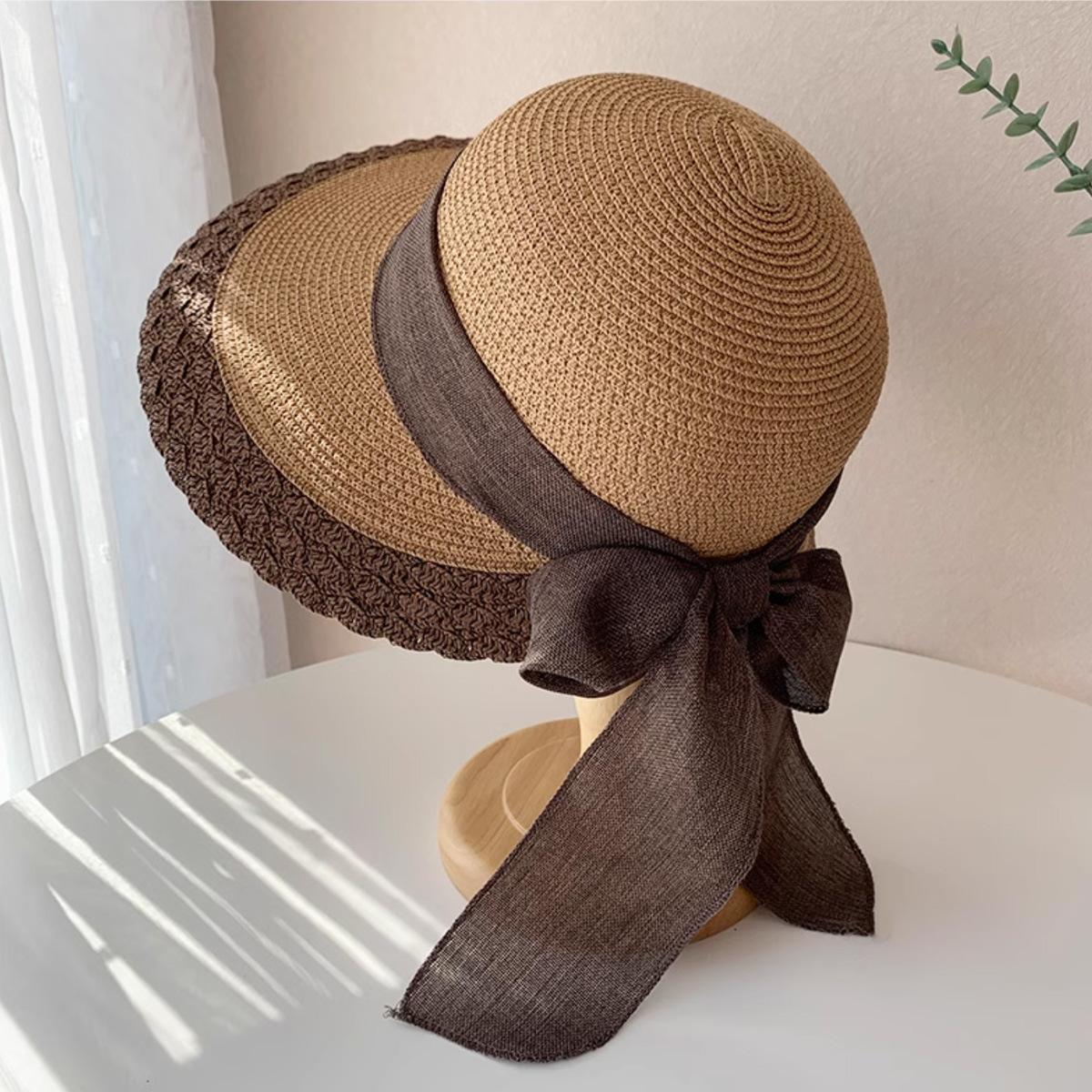 

Соломенная шляпа женская летняя шляпа от солнца с большими полями шляпа от солнца для морского отдыха пляжная шляпа от солнца шляпа с бантом M（56-58cm）