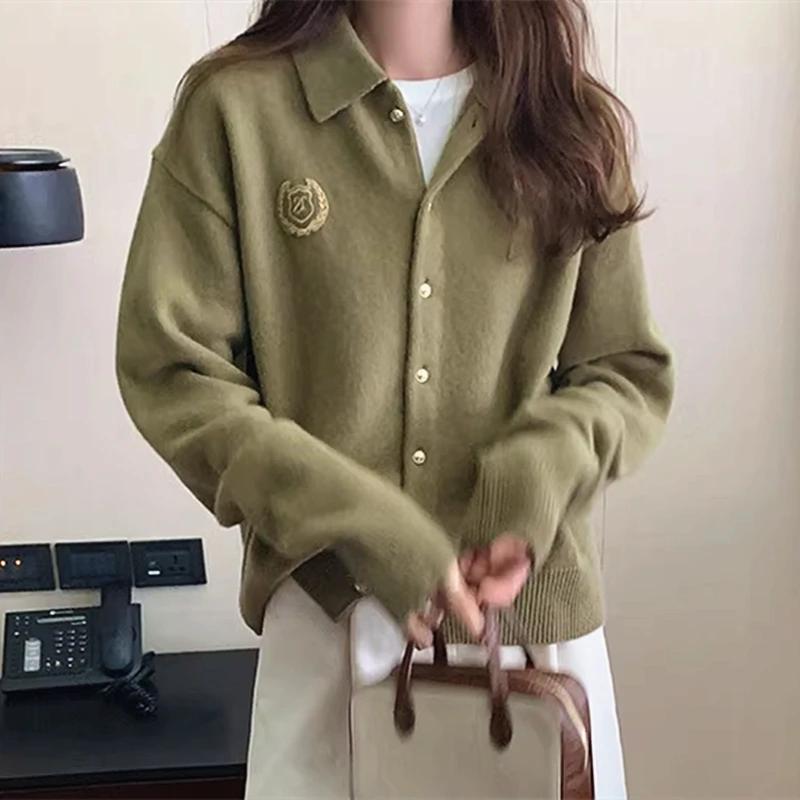 Herbst Winter Streetwear Strickjacke Vintage Strickjacke Pullover Für Frauen Stickerei Polo Kragen Hemd Lose Winter Mantel