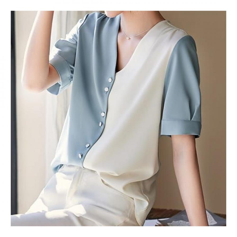 NaVaVa Women Two Tone V Neck Short sleeVe Blouse Nb2184
